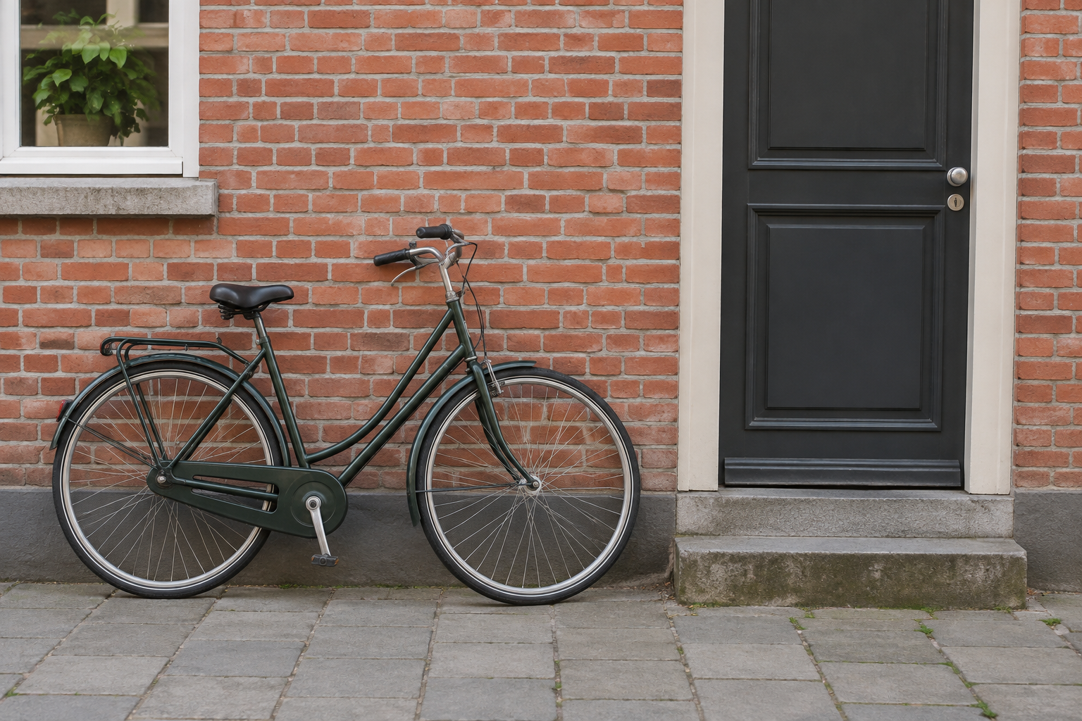 Un vélo est appuyé contre un mur en briques, à côté d’une porte fermée. Personne n’est visible.