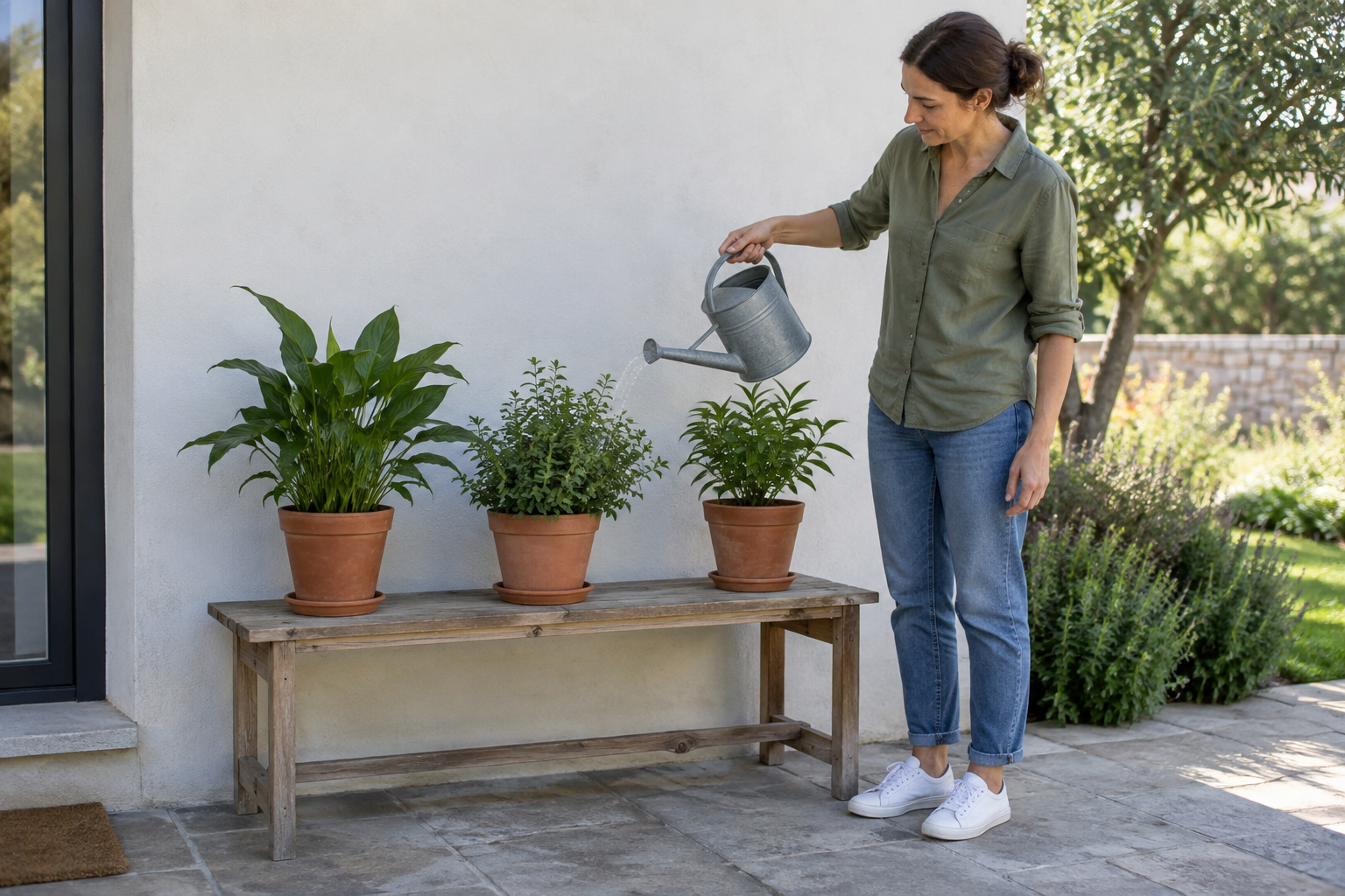 Une personne debout arrose trois plantes en pots avec un arrosoir. Les pots sont alignés sur un banc.