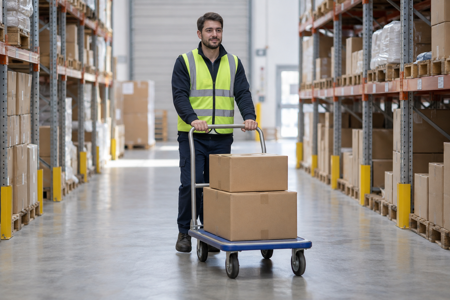 Une personne pousse un chariot portant deux cartons dans une allée entre des rayonnages. Les cartons restent sur le chariot.