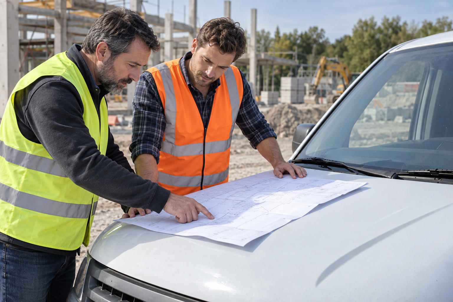 Sur un chantier, deux hommes en gilet de sécurité se penchent sur un plan déplié sur le capot d’une camionnette.
