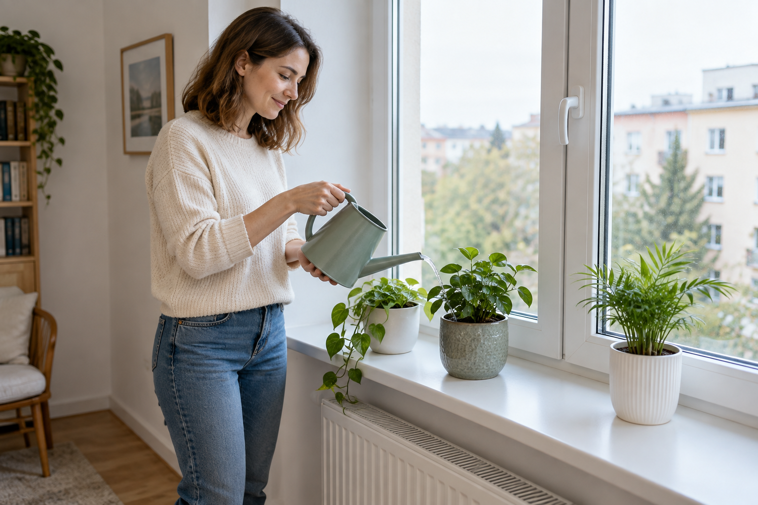 Une femme, debout près d’une fenêtre, arrose des plantes posées sur le rebord.